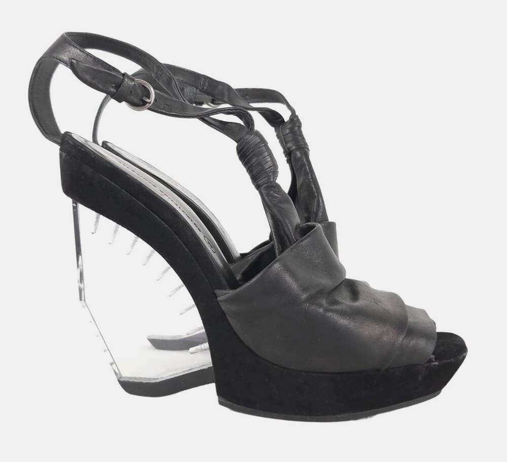 AllSaints Gamma Perspex Sandals US 9 EU 39 Womens Black Wedge Heel $250 - Picture 2 of 9
